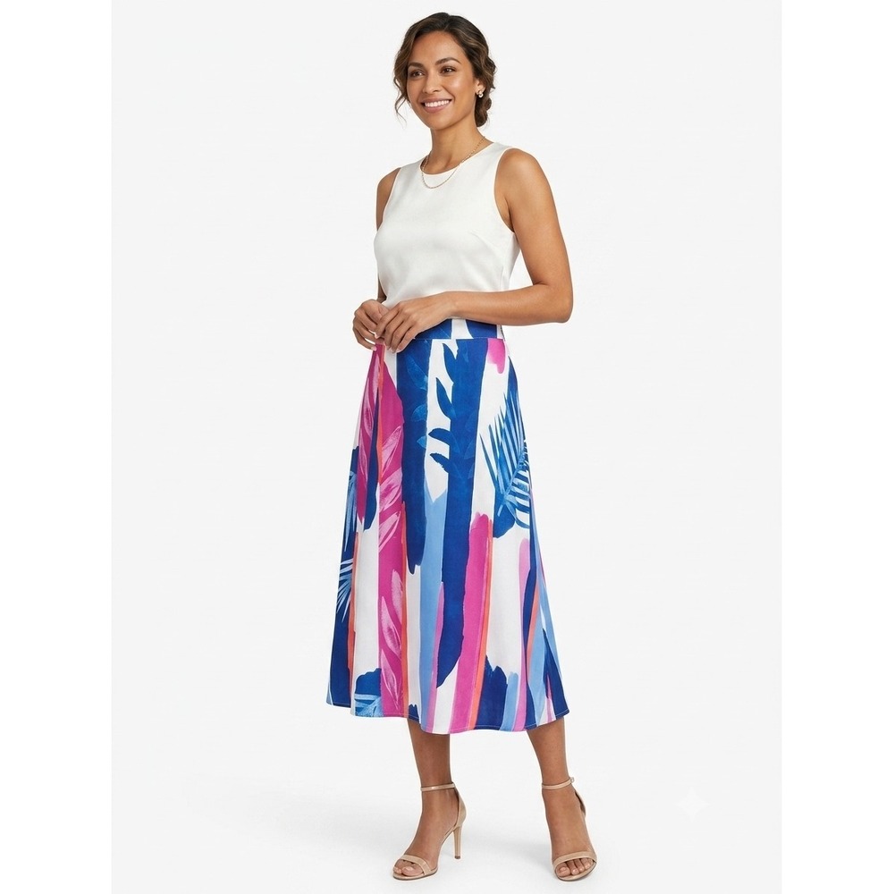 Hutch Tropical Abstract Print Midi Skirt Pink Blue White Size 12 High Waisted